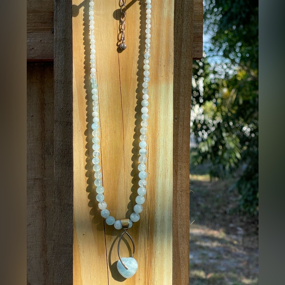 Jay King Aquamarine beads with aquamarine heart and sterling silver necklace